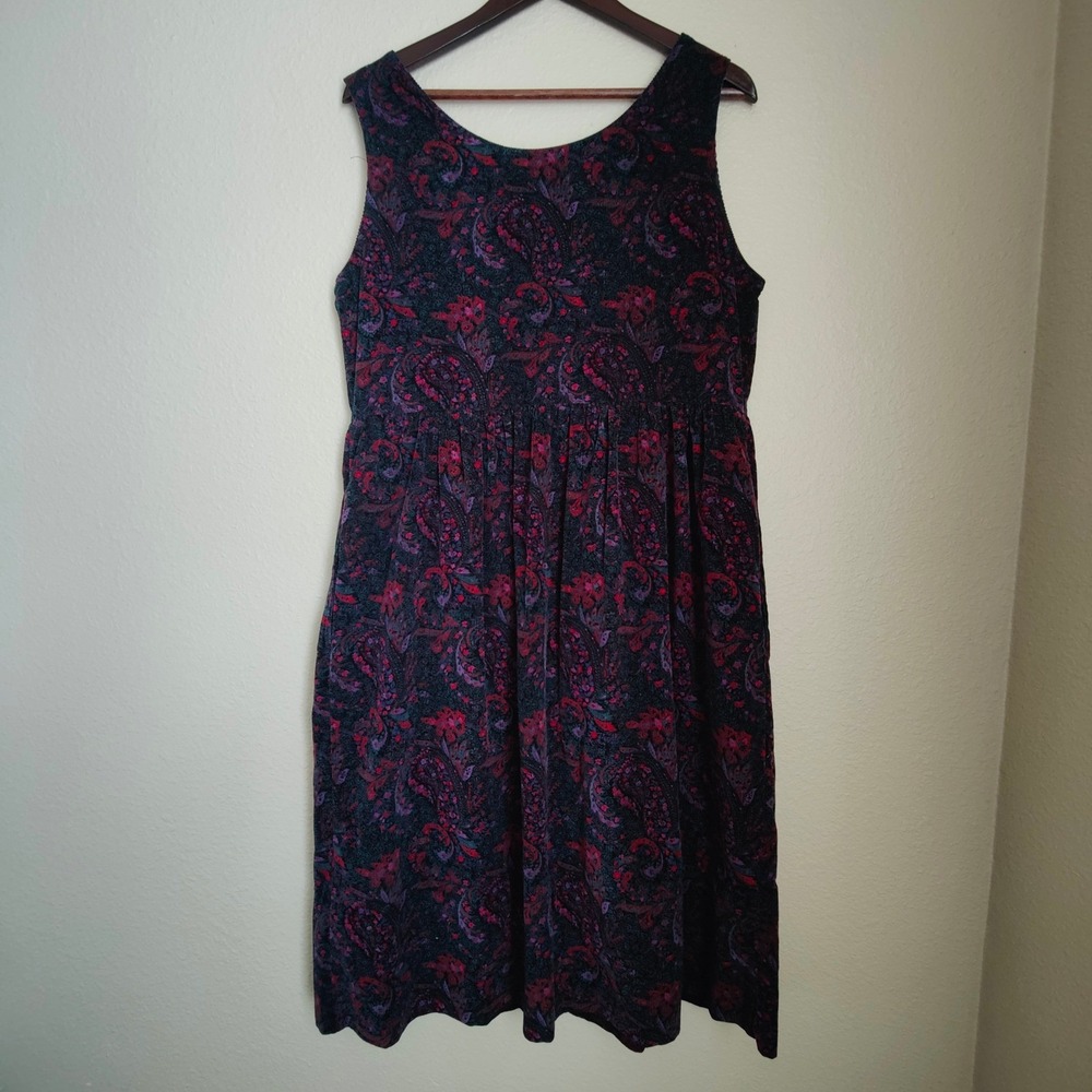 L.L. Bean Paisley Corduroy Pinafore Dress Cottagecore Button Front Vintage USA - Picture 6 of 9
